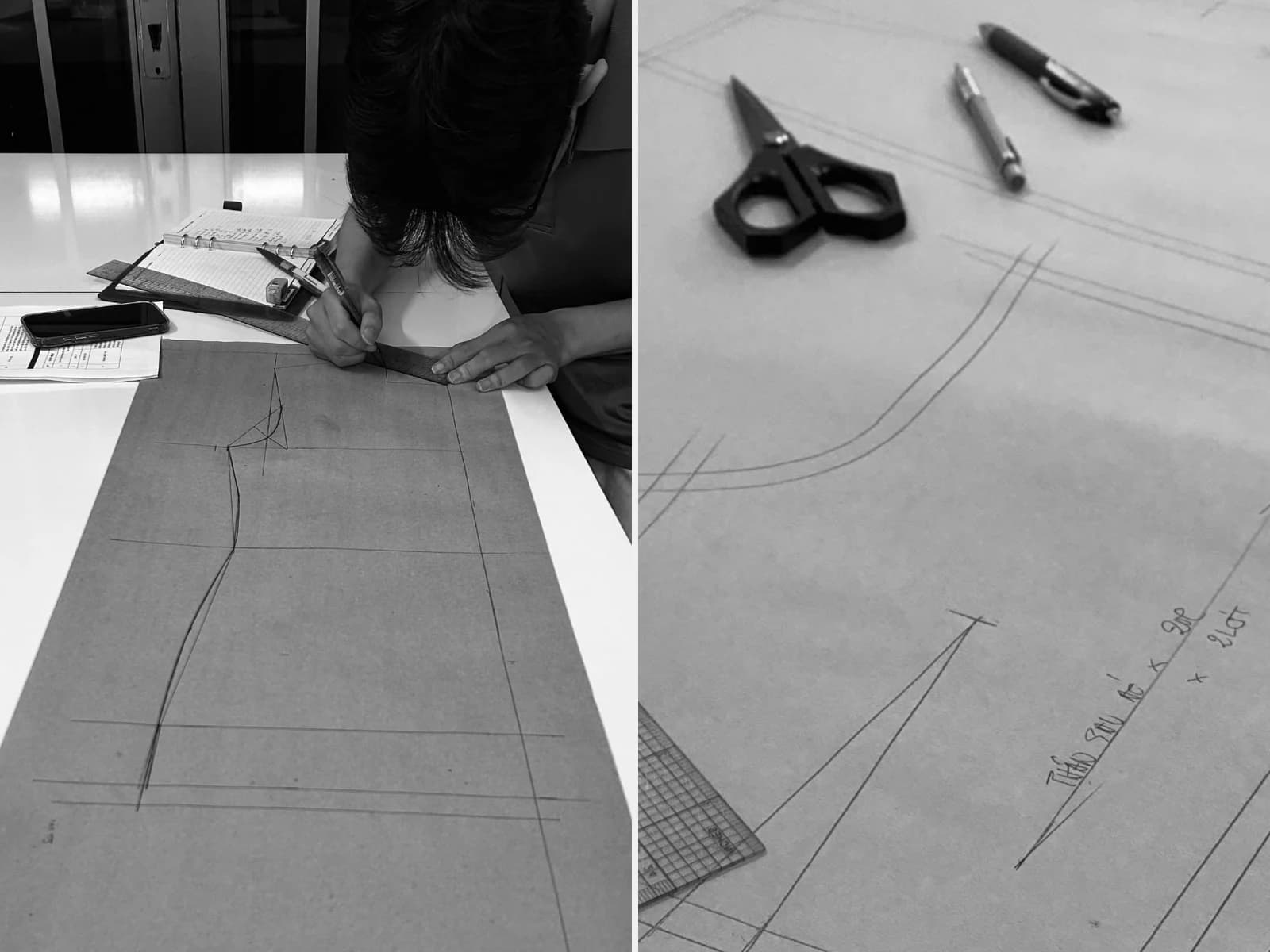 Pattern drafting in progress and a trouser block shown with drafting tools