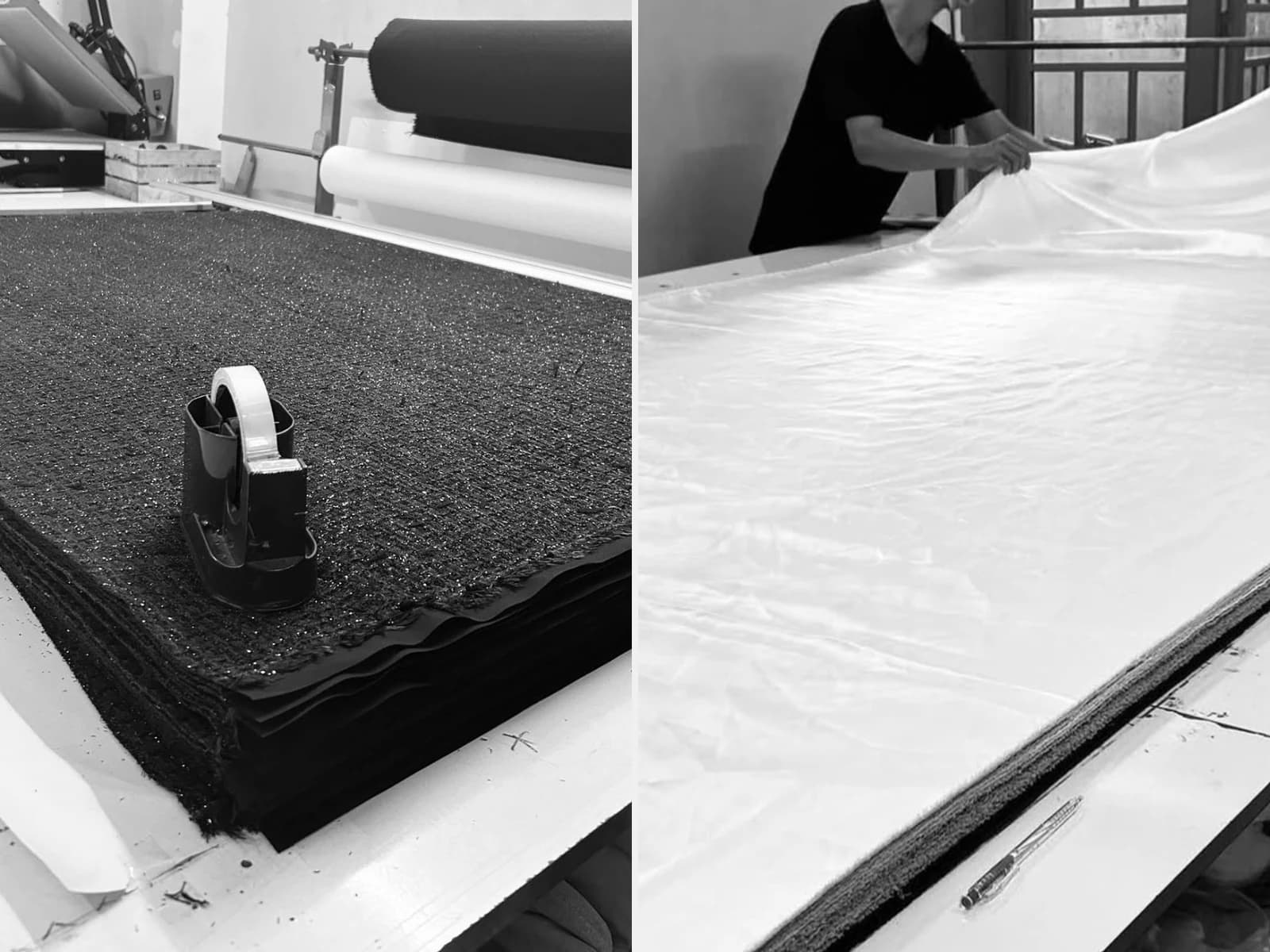 Black textured fabric and white fabric prepared in workshop lays