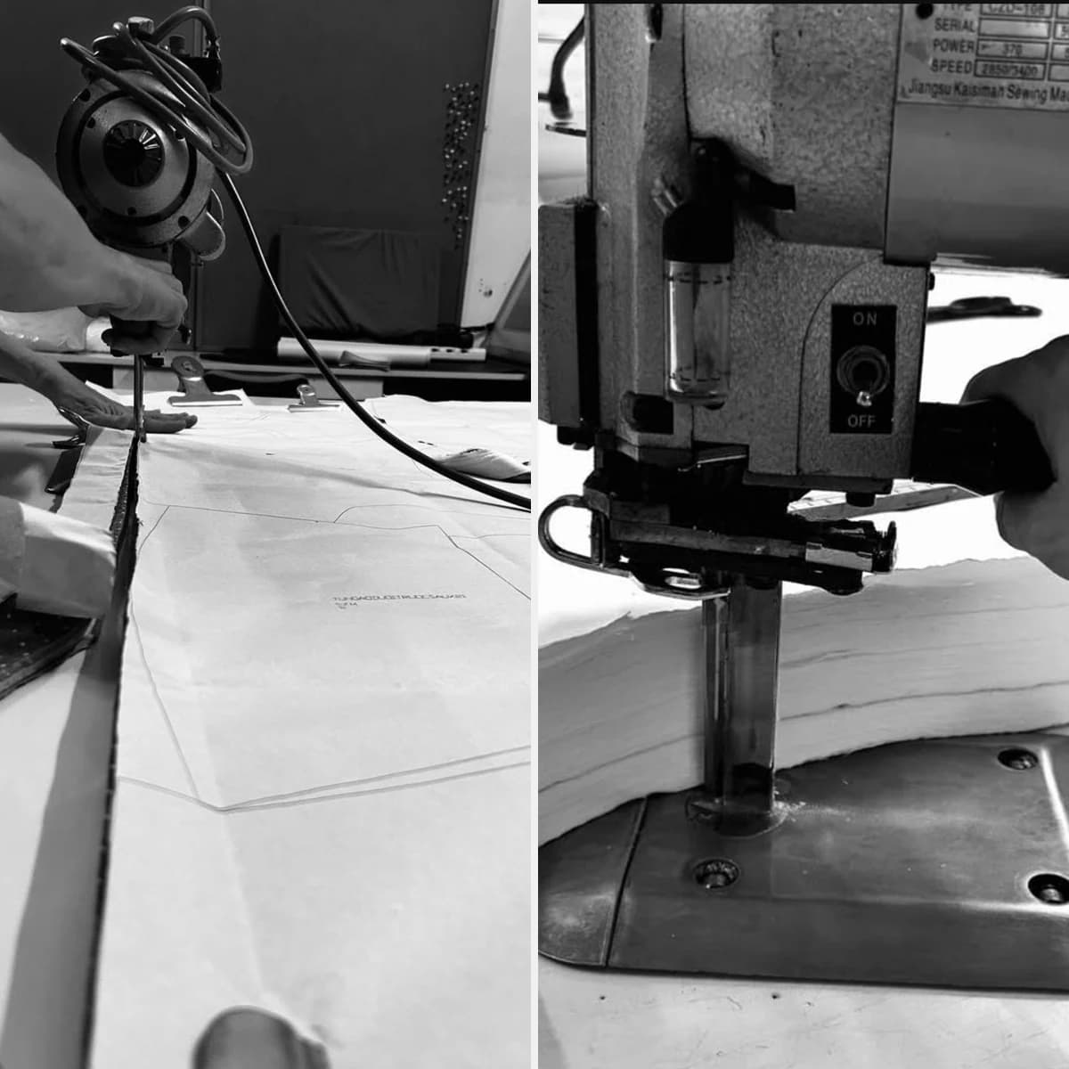 Stacked fabric being cut with upright cutting machines at a partner workshop